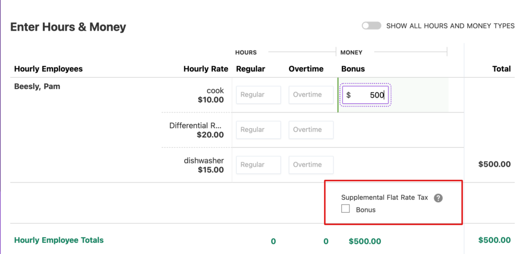Enter Hours & Money page screenshot showing the supplemental flat rate tax button for bonuses