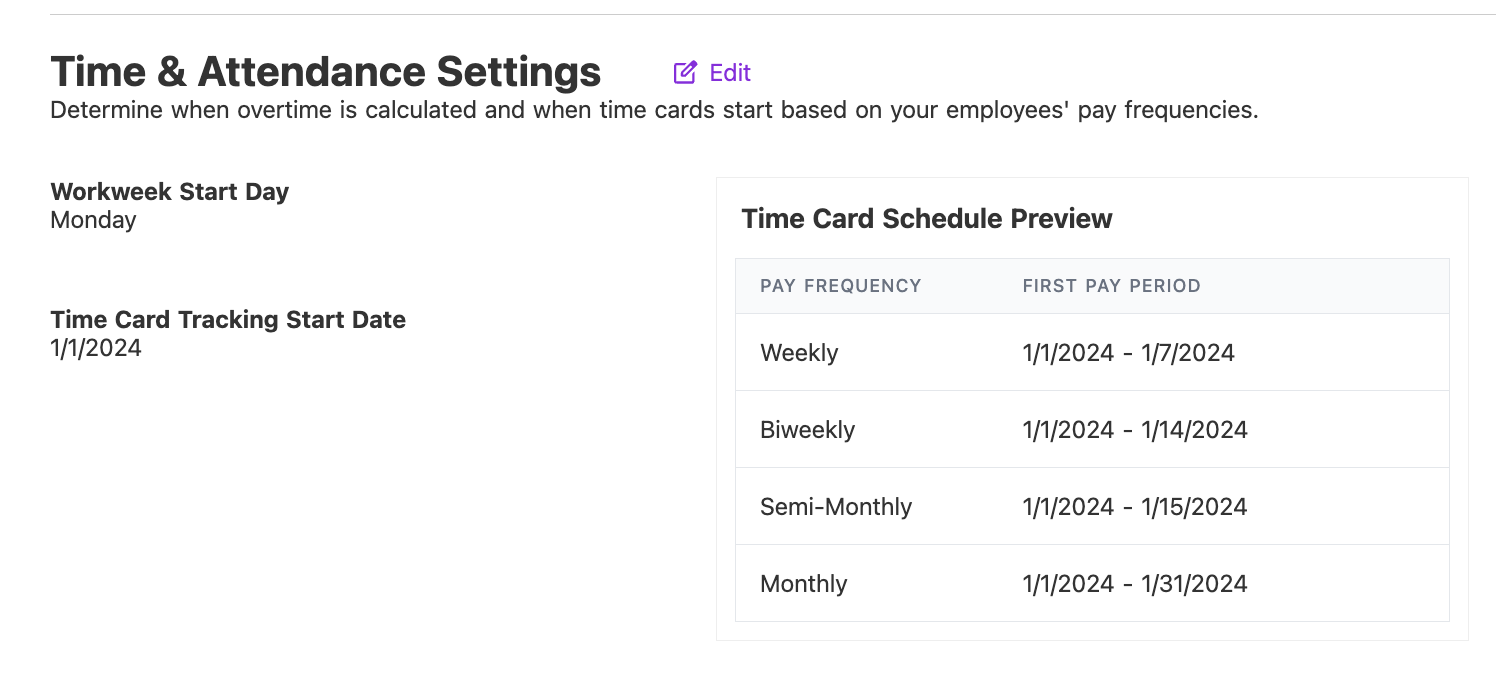 example of time and attendance settings