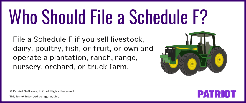 Who should file a schedule f? File a schedule f if you sell livestock, dairy, poultry, fish, or fruit, or own and operate a plantation, ranch, range, nursery, orchard, or truck farm.