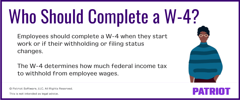 Who should complete a w-4? Employees should complete a W-4 when they start work or if their withholding or filing status changes. The W-4 determines how much federal income tax to withhold from employee wages.