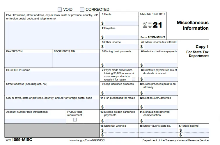 IRS 2021 Form 1099-MISC (copy 1: State tax department)