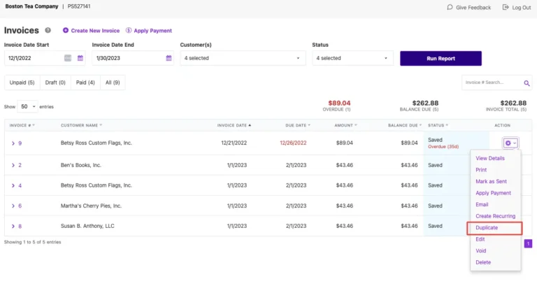 Duplicate invoice function in Patriot's accounting software