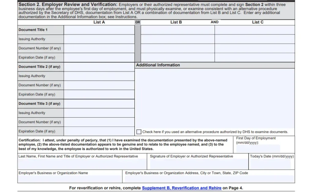 Section 2 of Form I-9: Employer Review and Verification. Screenshot of the USCIS I-9 PDF.