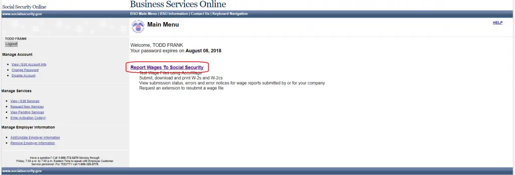 Social Security business services online account screenshot