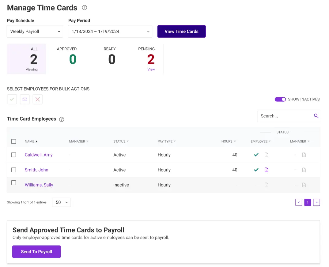 example of managing time cards page in Patriot Software's time and attendance software.
