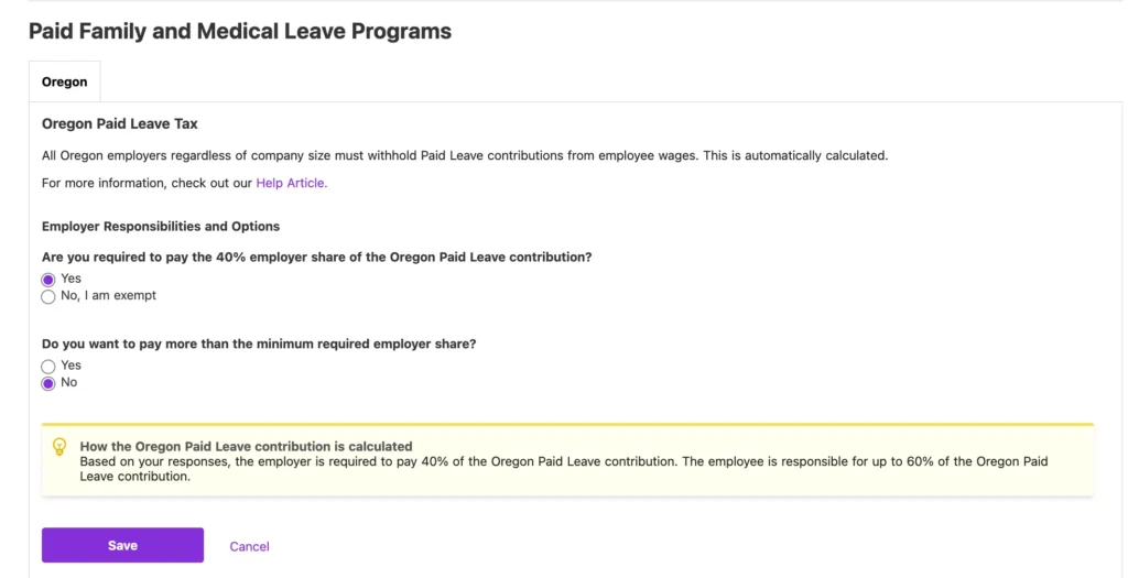 Paid Family and Medical Leave Programs screenshot in Patriot Software.