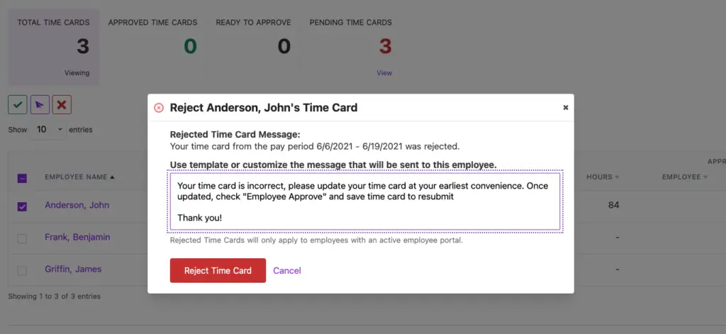 Example of time card rejection in Patriot Software.