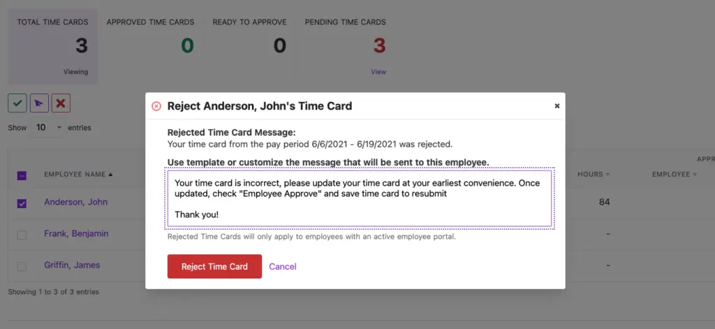 Time card rejection example in Patriot's Time & Attendance software add-on.