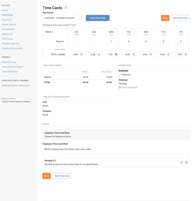 example of salaried employee time card in Patriot's time and attendance software