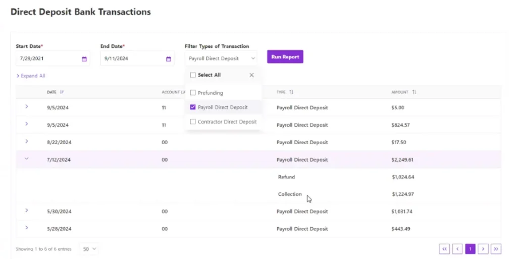 Direct deposit bank transactions screenshot in Patriot Software.