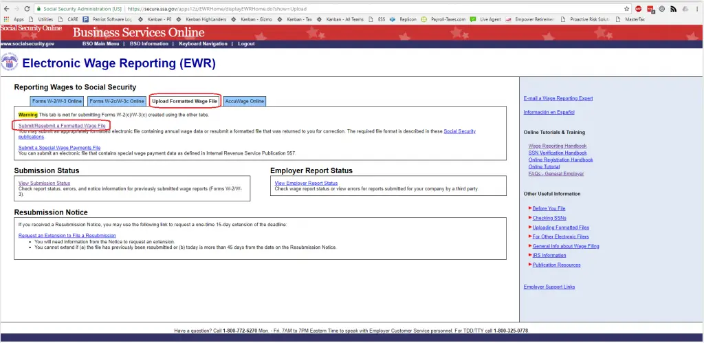 Social Security business services online account screenshot: Uploading formatted wage file