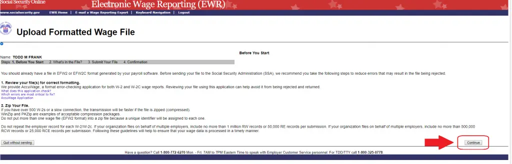 Social Security business services online account screenshot: Uploading formatted wage file - Continue button
