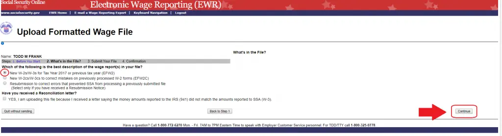 Social Security business services online account screenshot: Uploading formatted wage file - description of the file