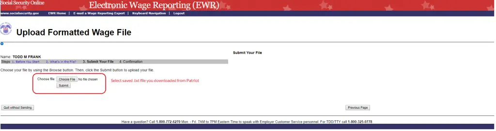 Social Security business services online account screenshot: Uploading formatted wage file - choosing file